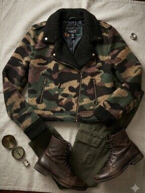 Rue21 Fuzzy Camo Black Sherpa Moto Style Jacket Coat